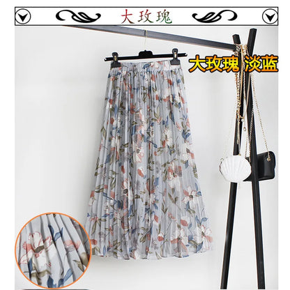 Women Summer Boho Chiffon Long Skirt Elegant Floral Print Pleated Skirts Elastic High Waist Casual Midi Skirt Women Clothes 2021