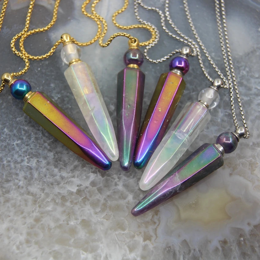 New! Rainbow Aura Titanium Raw Crystal Point Perfume Bottle Necklace Pendants,AB Quartz Essential Oil Diffuser Vial Charms Chain - AMULET RING STORE
