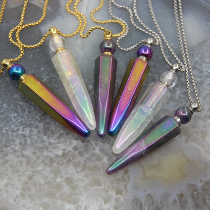 New! Rainbow Aura Titanium Raw Crystal Point Perfume Bottle Necklace Pendants,AB Quartz Essential Oil Diffuser Vial Charms Chain - AMULET RING STORE