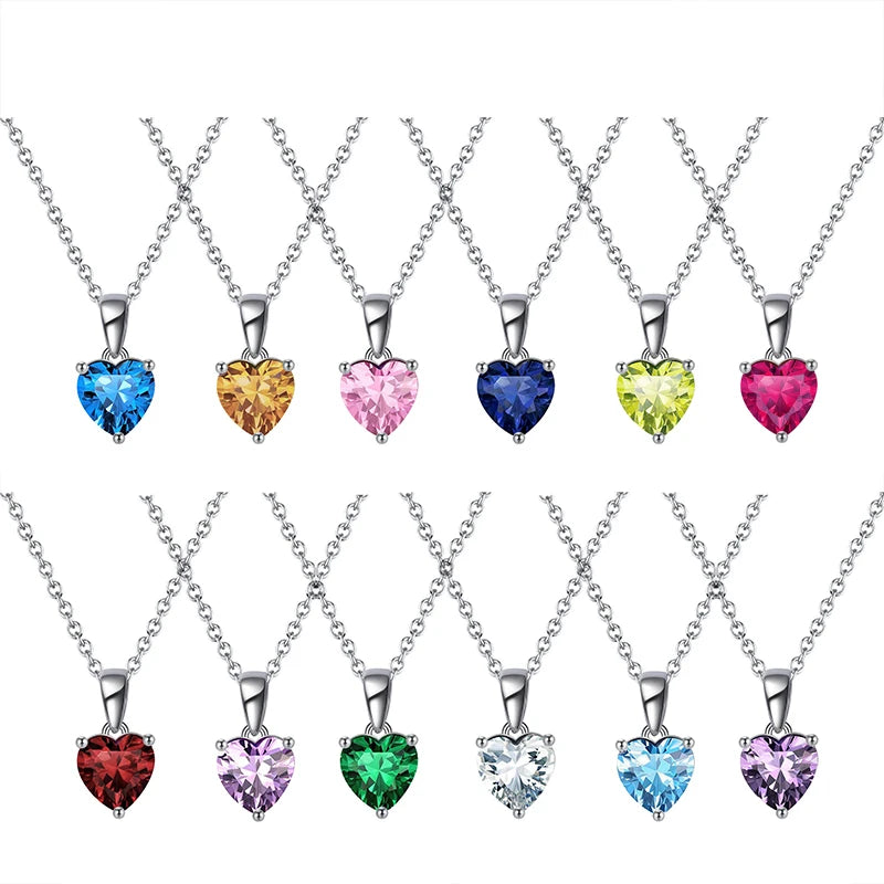 ORSA JEWELS 925 Sterling Silver 12 Color Heart Shaped Birthstone Pendant Necklace Woman Girl's Lucky Birthday Jewelry Gift APN02