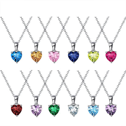 ORSA JEWELS 925 Sterling Silver 12 Color Heart Shaped Birthstone Pendant Necklace Woman Girl's Lucky Birthday Jewelry Gift APN02