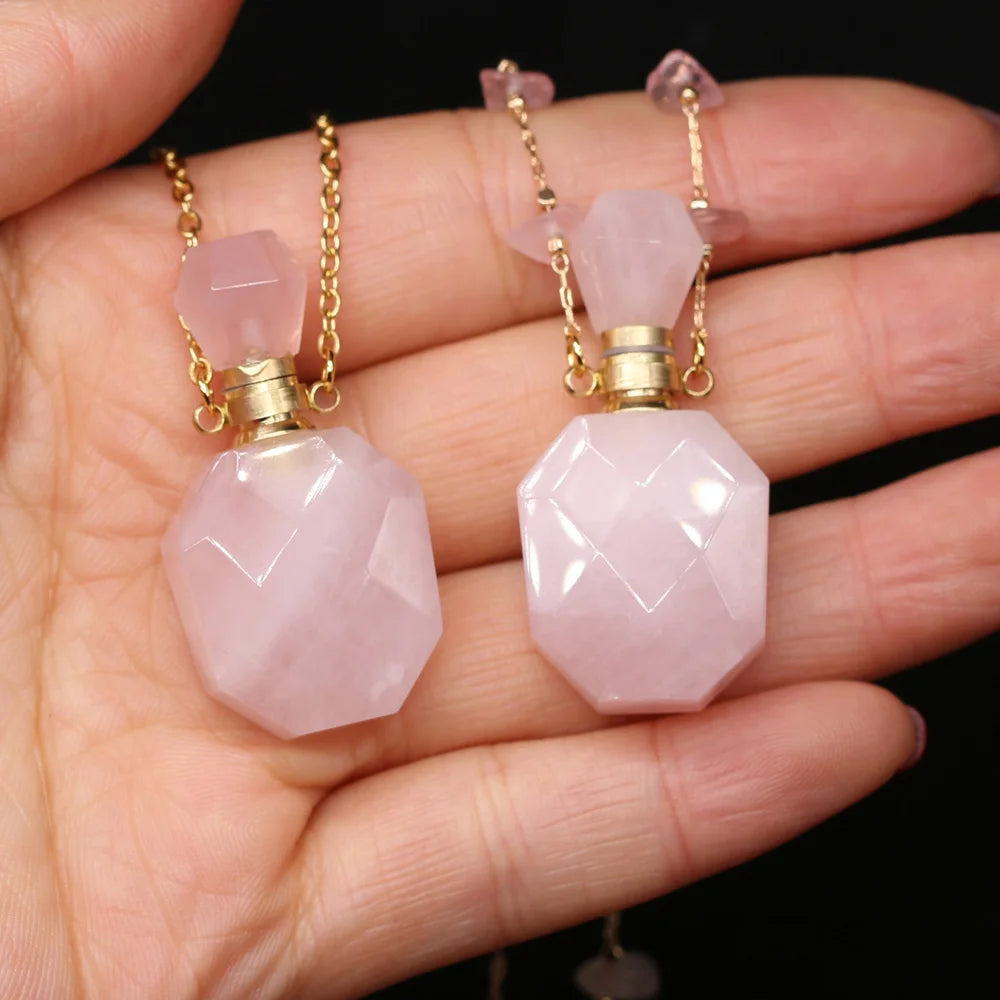 Natural Stone Perfume Bottle Necklace Pink Quartz Pendant Charms For Elegant Women Love Romantic Gift 60 CM - AMULET RING STORE