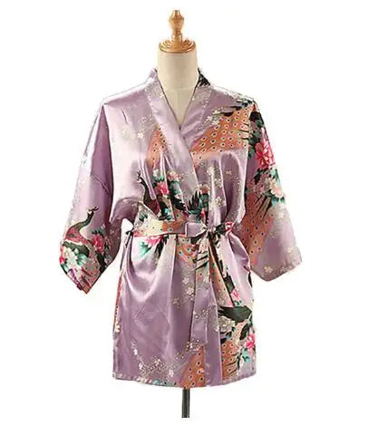 Lace Up Woman Peacock Print Japanese Kimono Yukata Silk Satin Short Style Sleepwear Home Nightgown Bath Robe Costume - AMULET RING STORE