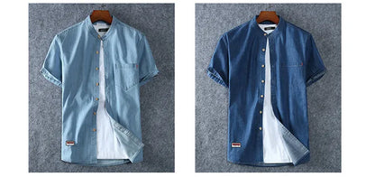 Men's Blue Denim Shirts Short Sleeve Jean Shirts New Summer High Quality Men Cotton Light Blue Denim Shirts Plus size L-8XL