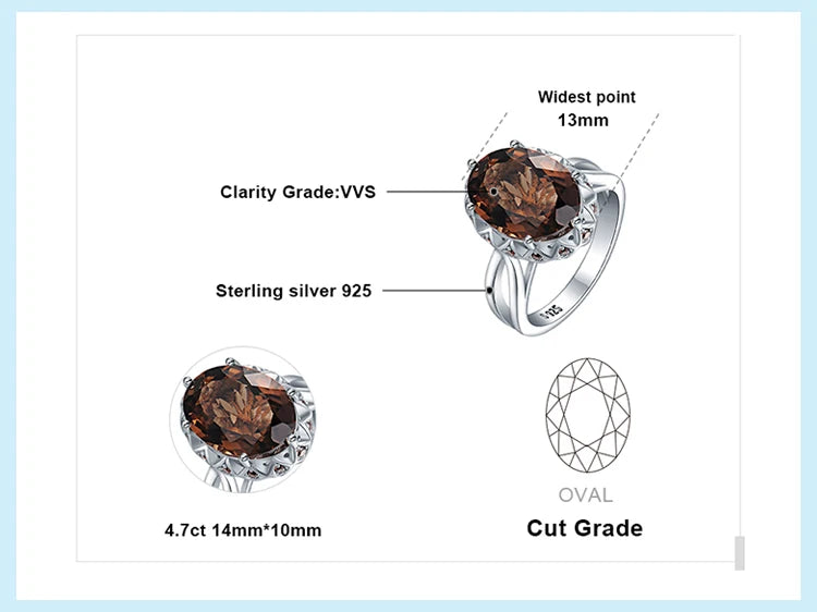 JewelryPalace Large 5.7ct Genuine Oval Smoky Quartz 925 Sterling Silver Big Gemstone Cocktail Statement Rings for Women Jewelry