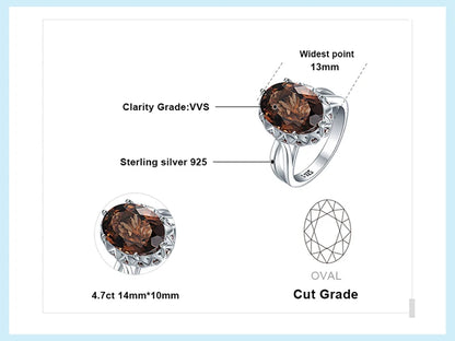 JewelryPalace Large 5.7ct Genuine Oval Smoky Quartz 925 Sterling Silver Big Gemstone Cocktail Statement Rings for Women Jewelry