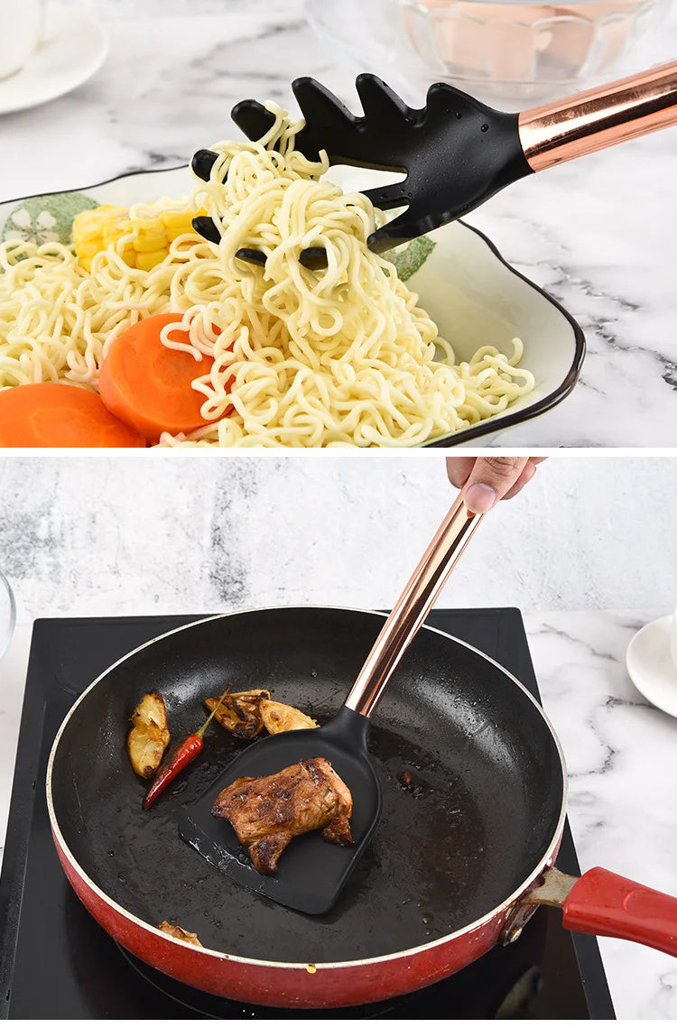 Silicone Kitchenware Large Colander Spatula Soup Spoon Rose Gold Stainless Steel Non-stick Home Kitchen Supplies Cooking Tools