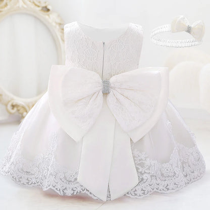 Infant White Pink First 1st Birthday Dress For Baby Girl Costume Big Bow Princess Baptism Girls Dresses Party Dress Child
