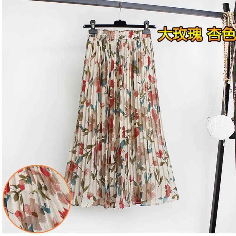 Women Summer Boho Chiffon Long Skirt Elegant Floral Print Pleated Skirts Elastic High Waist Casual Midi Skirt Women Clothes 2021