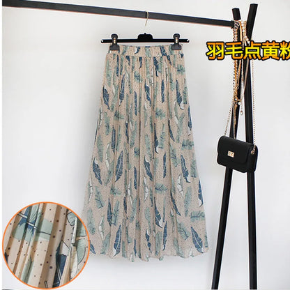 Women Summer Boho Chiffon Long Skirt Elegant Floral Print Pleated Skirts Elastic High Waist Casual Midi Skirt Women Clothes 2021