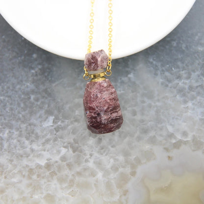 Natural Obsidian Faceted Perfume Bottle Pendants Necklaces,Pink Tourmaline Quartz Essential Oil Diffuser Vial Charms Jewelry - AMULET RING STORE
