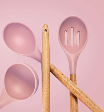 Silicone Kitchenware Cooking Utensils Set Non-stick Cookware Spatula Shovel Egg Beaters Wooden Handle Kitchen Cooking Tool Set