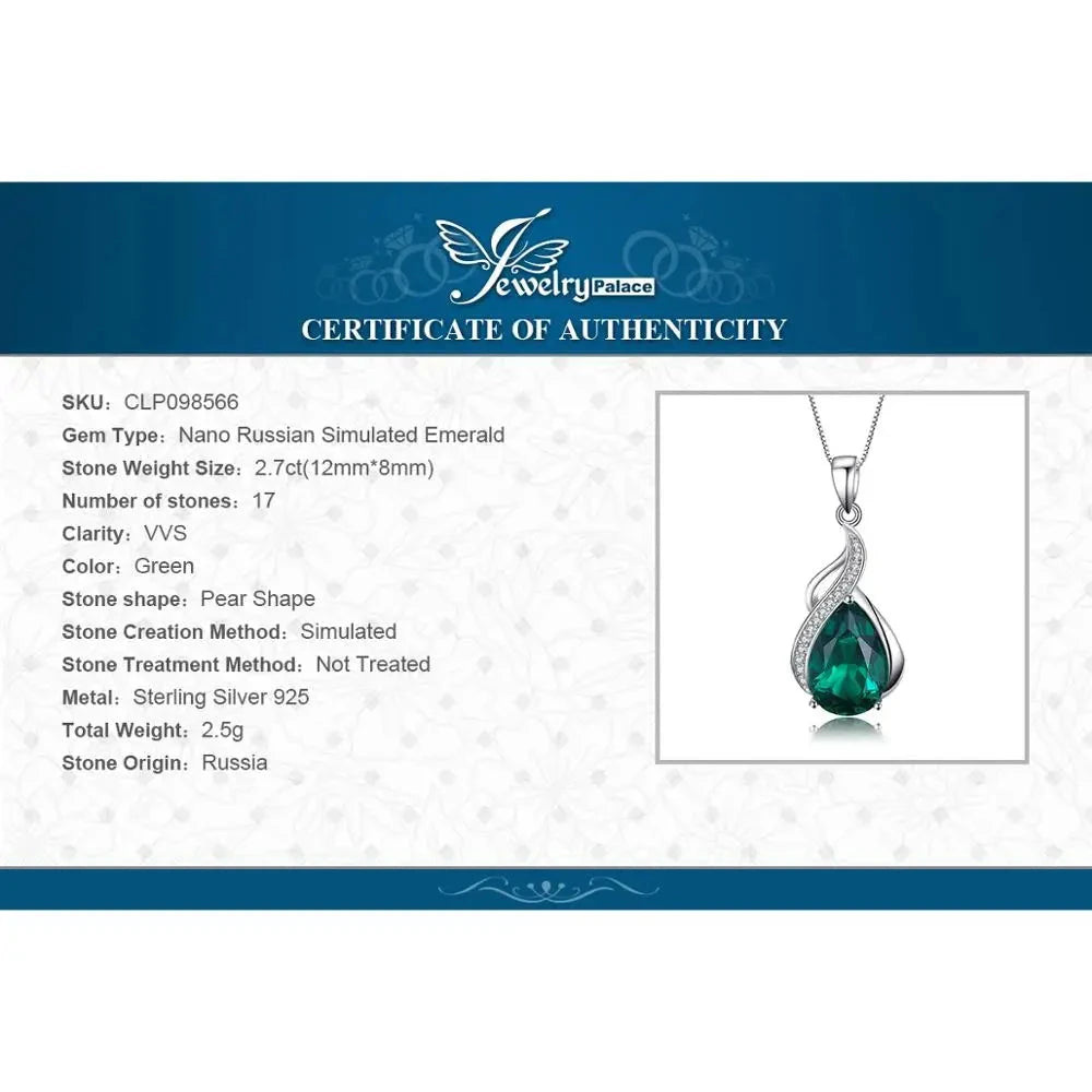 JewelryPalace 2.7ct Simulated Nano Emerald 925 Sterling Silver Pendant Necklace for Woman No Chain - AMULET RING STORE