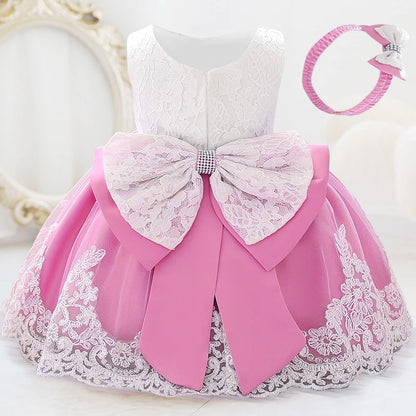 Infant White Pink First 1st Birthday Dress For Baby Girl Costume Big Bow Princess Baptism Girls Dresses Party Dress Child