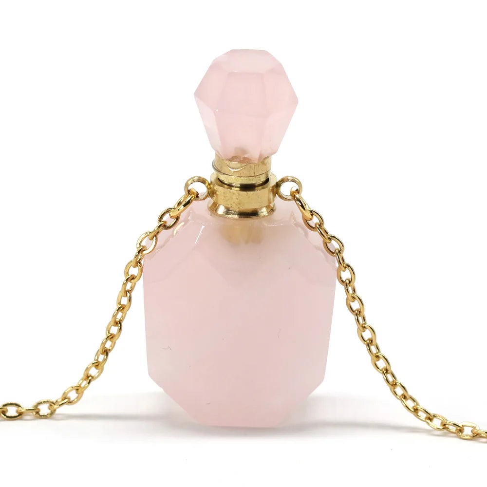 Natural Stone Perfume Bottle Necklace Pink Quartz Pendant Charms For Elegant Women Love Romantic Gift 60 CM - AMULET RING STORE