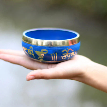 Silent Mind Tibetan Singing Bowl Set Blue Color Design With Dual Surface Mallet and Silk Cushion Promotes Peace - AMULET RING STORE