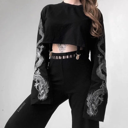 Gothic Punk Cool Girl Dragon Pattern T Shirts Long Sleeve Suspenders Crew Neck Black Crop Top Autumn Pullover Women T-Shirt - AMULET RING STORE