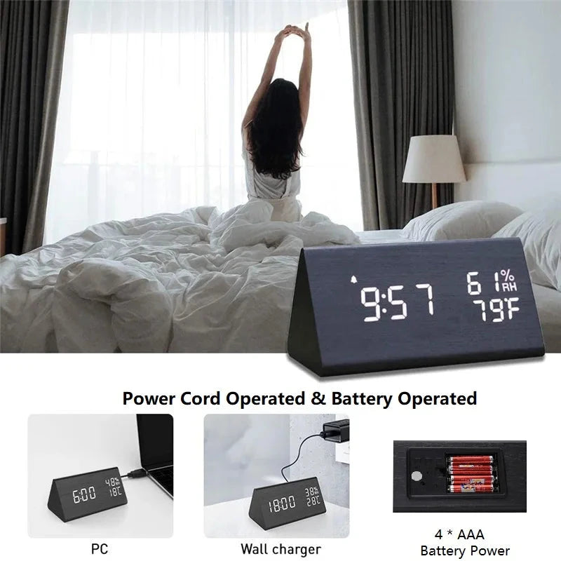 Wooden Alarm Clock Clock LED Time Display USB Charger Humidity and Temperature Detection Digital Alarm Clock For Bedside Table