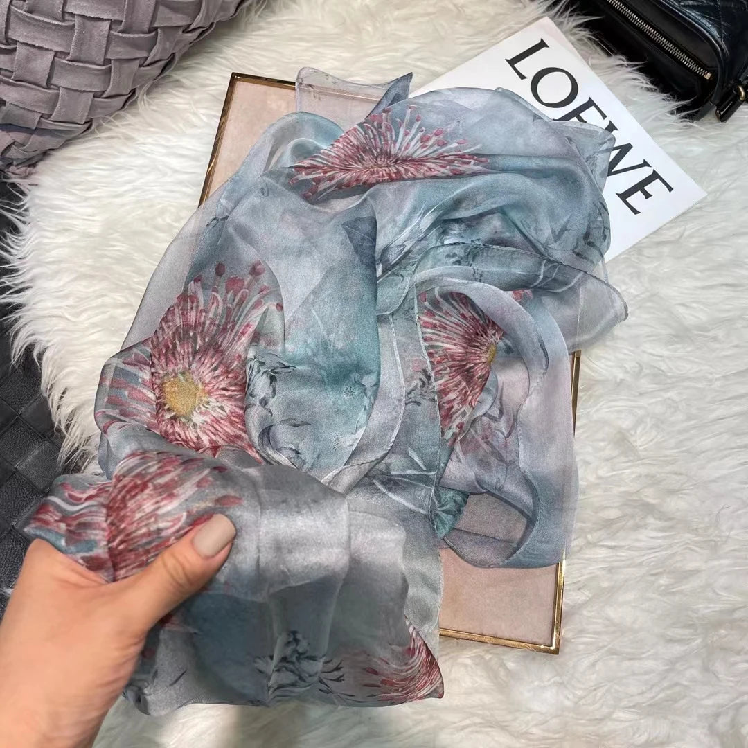 BYSIFA|New Black Pink Peony 100% Silk Shawl Scarf Women Chiffon Long Silk Scarves Cape Summer Foulard Winter Brand Scarves Wraps