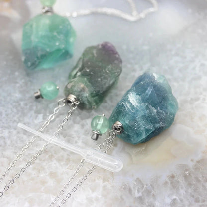 Raw Fluorite Perfume Bottle Pendants,Plated Silvers Necklace Natural Gems stone Quartz Nugget Essential Oil Diffuser Vial Charms - AMULET RING STORE