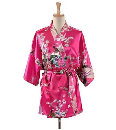 Lace Up Woman Peacock Print Japanese Kimono Yukata Silk Satin Short Style Sleepwear Home Nightgown Bath Robe Costume - AMULET RING STORE