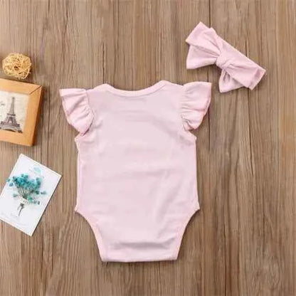 Newborn Clothes Baby Girls Letter Print O-neck Bodysuit + Bow Headband Kids 2pc Set Toddler Girl Cotton Sleeveless Ruffle Outfit - AMULET RING STORE