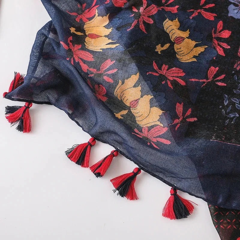 2023 Women Fashion Small Polka Floral Tassel Viscose Shawl Scarf Print Voile Wrap Headband Bufandas Muslim Hijab Sjaal 130*130Cm - AMULET RING STORE