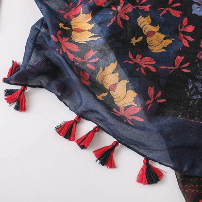 2023 Women Fashion Small Polka Floral Tassel Viscose Shawl Scarf Print Voile Wrap Headband Bufandas Muslim Hijab Sjaal 130*130Cm - AMULET RING STORE