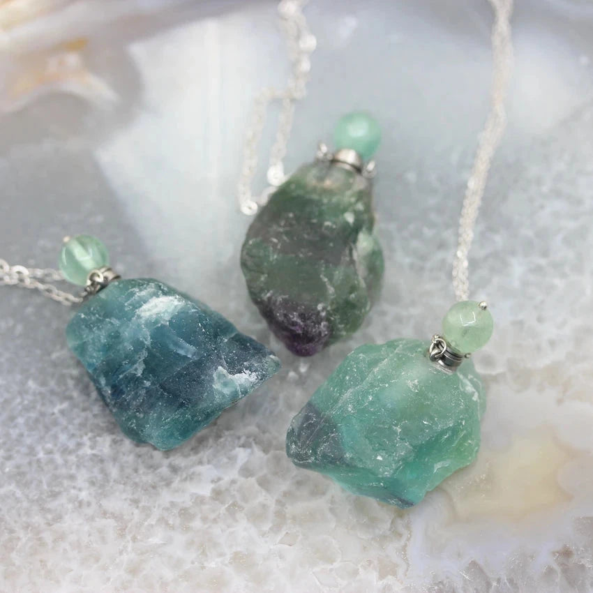 Raw Fluorite Perfume Bottle Pendants,Plated Silvers Necklace Natural Gems stone Quartz Nugget Essential Oil Diffuser Vial Charms - AMULET RING STORE