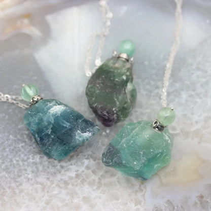 Raw Fluorite Perfume Bottle Pendants,Plated Silvers Necklace Natural Gems stone Quartz Nugget Essential Oil Diffuser Vial Charms - AMULET RING STORE