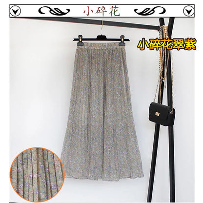 Women Summer Boho Chiffon Long Skirt Elegant Floral Print Pleated Skirts Elastic High Waist Casual Midi Skirt Women Clothes 2021