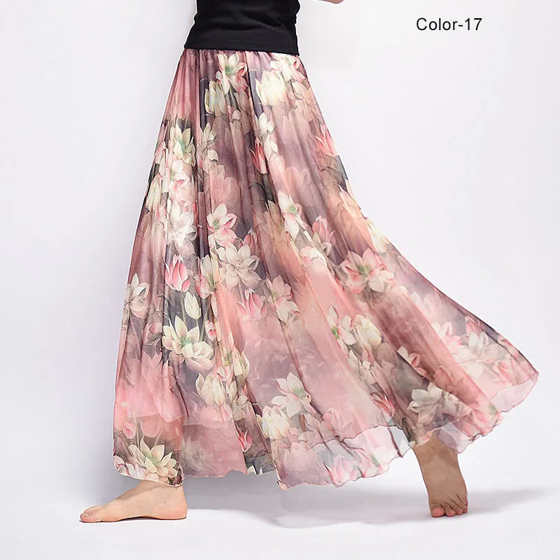 New Fashion 2025 Women's BOHO Elegant Florals Print Chiffon Long Skirt Ladies Slim High-Waist Elastic Waist Pleated Skirts SK15