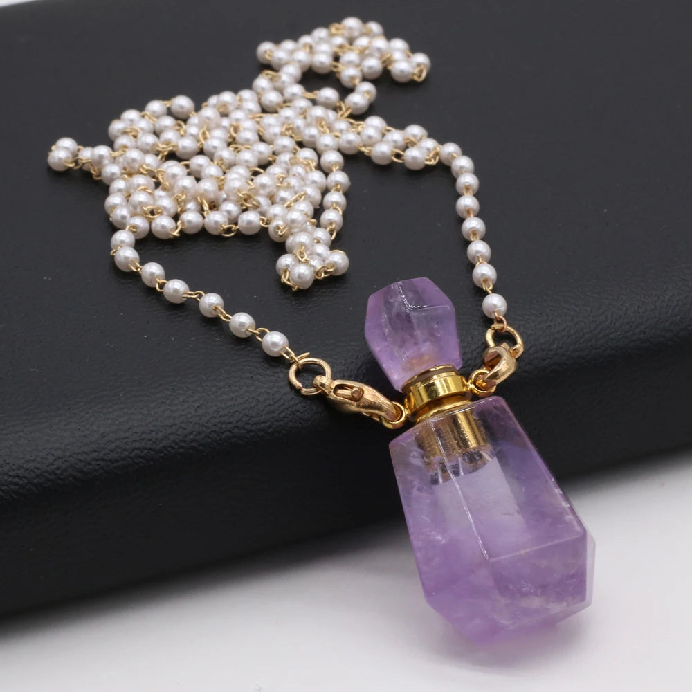 Natural Amethysts Perfume Bottle Pendant Necklace Pearl Chains Essential Oil Diffuser Agates Pendant Necklace For Women Jewerly - AMULET RING STORE