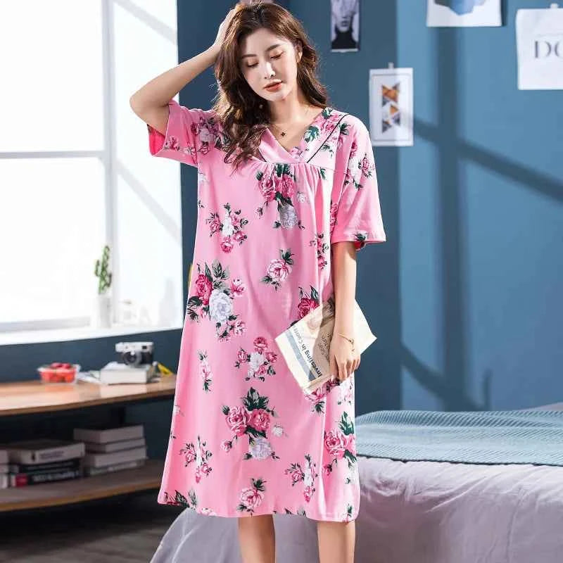 2025 Summer Small Floral Night Dress Women Nightgown Big Yards 3XL Sleepshirts Short-sleeves Nightie Nightdress Cotton Sleepwear