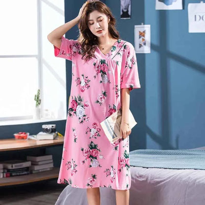 2025 Summer Small Floral Night Dress Women Nightgown Big Yards 3XL Sleepshirts Short-sleeves Nightie Nightdress Cotton Sleepwear