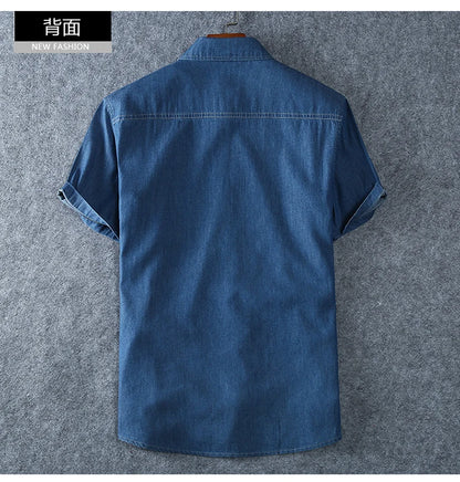 Men's Blue Denim Shirts Short Sleeve Jean Shirts New Summer High Quality Men Cotton Light Blue Denim Shirts Plus size L-8XL