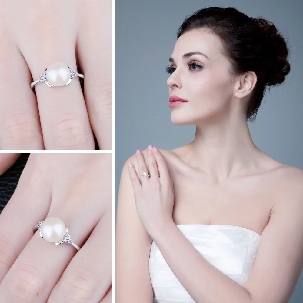 JewelryPalace 8mm White Shell Pearl 925 Sterling Silver Rings for Women Engagement Trendy Ring Fashion Gift Fine Jewelry