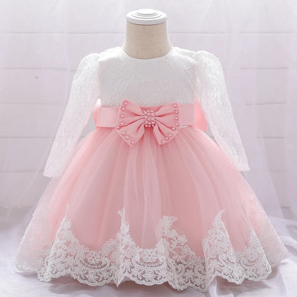 Newborn Long Sleeve Baby Girl Dresses Party Wedding Girl Lace Big Bow Dresses Infant Girl 1st Birthday Princess Baptism Dress