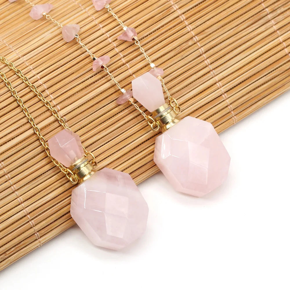 Natural Stone Perfume Bottle Necklace Pink Quartz Pendant Charms For Elegant Women Love Romantic Gift 60 CM - AMULET RING STORE