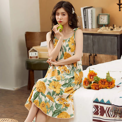 Women Nightgowns Cotton Night Dress Sexy Spaghetti Strap V-Neck Casual Home Dress Night Shirt Floral Print Sleepwear Nightwear - AMULET RING STORE