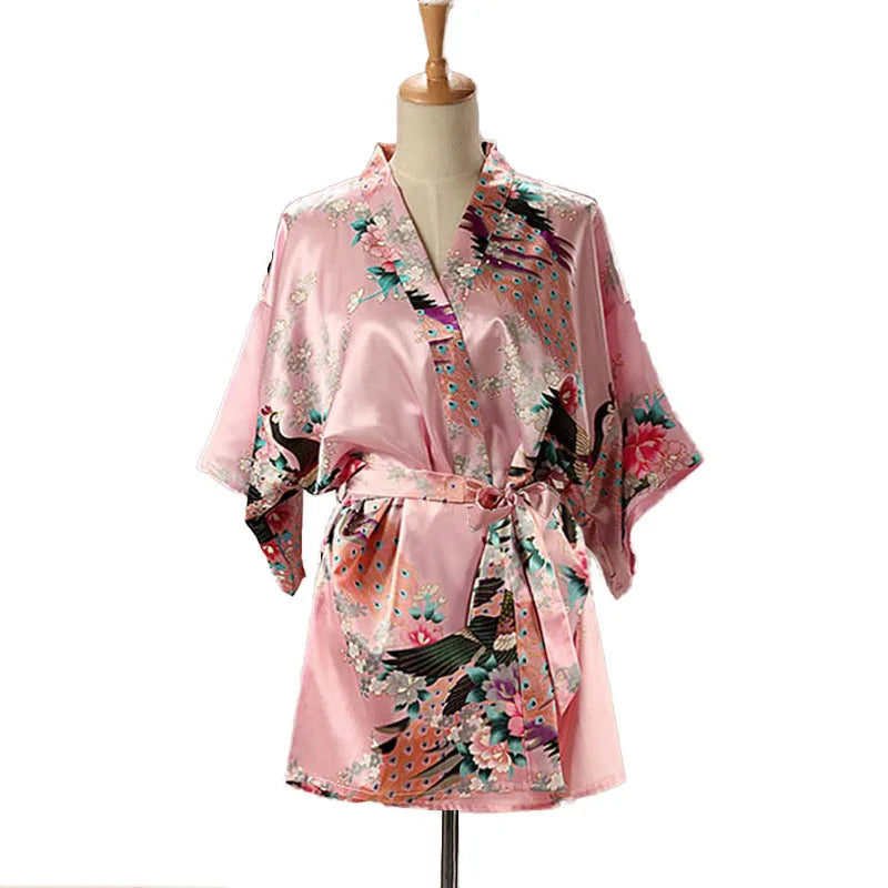 Lace Up Woman Peacock Print Japanese Kimono Yukata Silk Satin Short Style Sleepwear Home Nightgown Bath Robe Costume - AMULET RING STORE