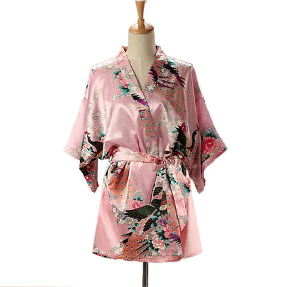 Lace Up Woman Peacock Print Japanese Kimono Yukata Silk Satin Short Style Sleepwear Home Nightgown Bath Robe Costume - AMULET RING STORE
