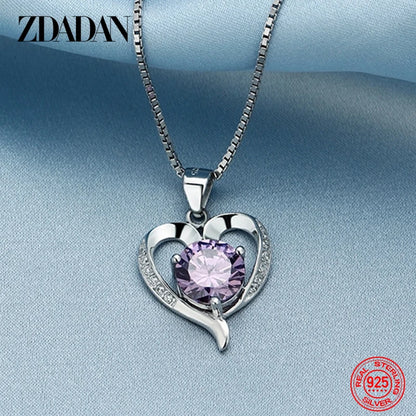 ZDADAN 925 Sterling Silver Heart Crystal Necklace For Women Fashion Jewelry Accessories