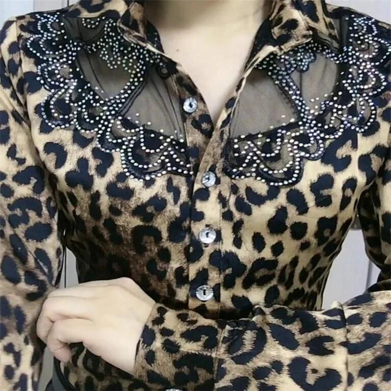 Trendy Streetwear Offce Women Blouses Hot drill Mesh Chiffon Shirts Long sleeve Lapel Buttons Female Blusas Tops Casual Shirts