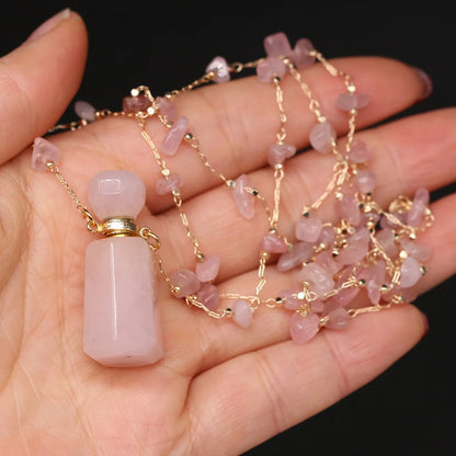Natural Stone Perfume Bottle Necklace Pink Quartz Pendant Charms For Elegant Women Love Romantic Gift 60 CM - AMULET RING STORE