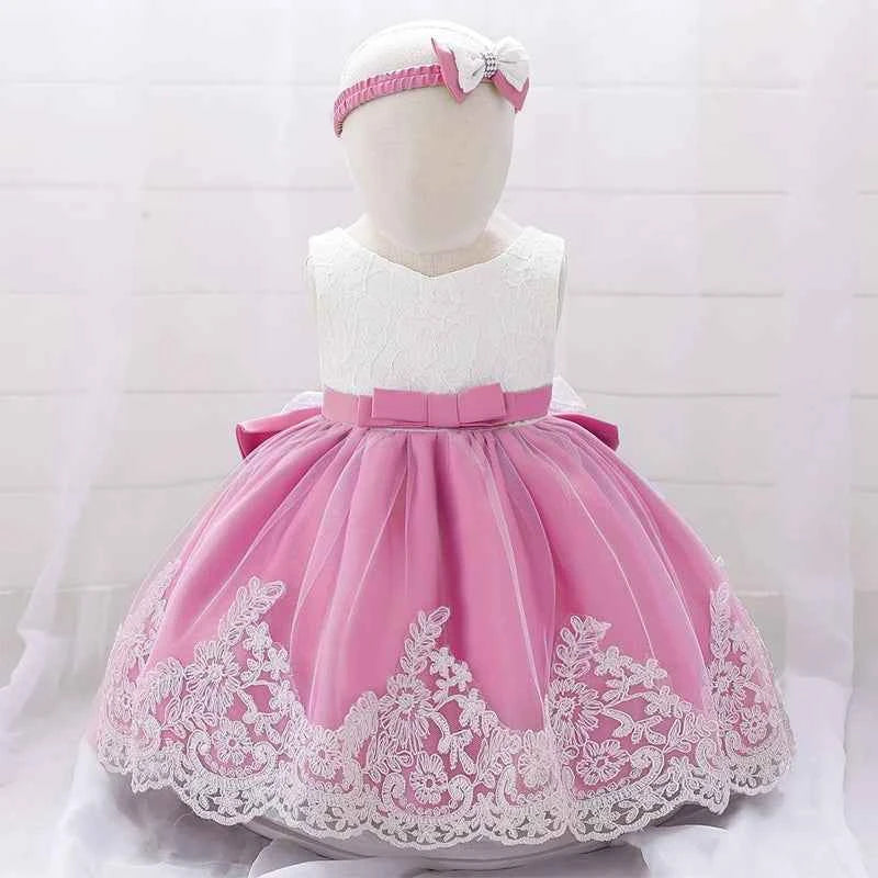 Infant White Pink First 1st Birthday Dress For Baby Girl Costume Big Bow Princess Baptism Girls Dresses Party Dress Child