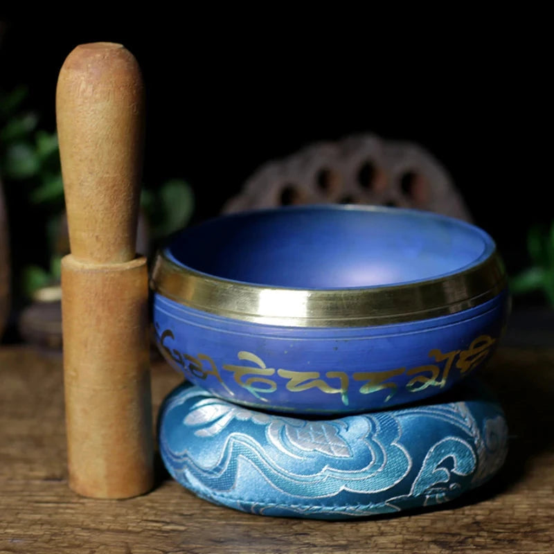 Silent Mind Tibetan Singing Bowl Set Blue Color Design With Dual Surface Mallet and Silk Cushion Promotes Peace - AMULET RING STORE