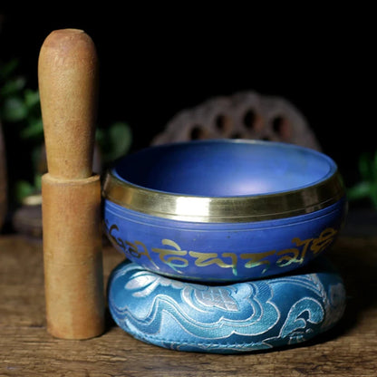 Silent Mind Tibetan Singing Bowl Set Blue Color Design With Dual Surface Mallet and Silk Cushion Promotes Peace - AMULET RING STORE