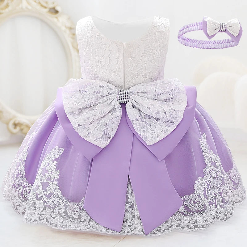 Infant White Pink First 1st Birthday Dress For Baby Girl Costume Big Bow Princess Baptism Girls Dresses Party Dress Child