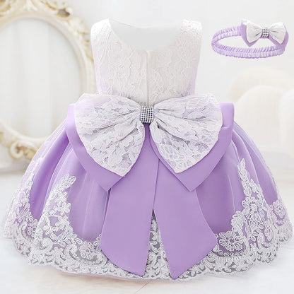 Infant White Pink First 1st Birthday Dress For Baby Girl Costume Big Bow Princess Baptism Girls Dresses Party Dress Child